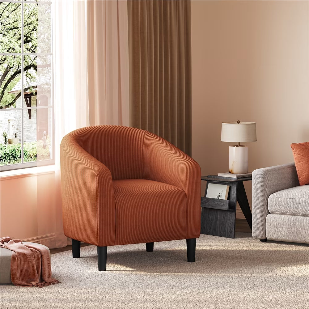 Corduroy Fabric Accent Barrel Chair with Elastic Foam Fills, Brick Red
