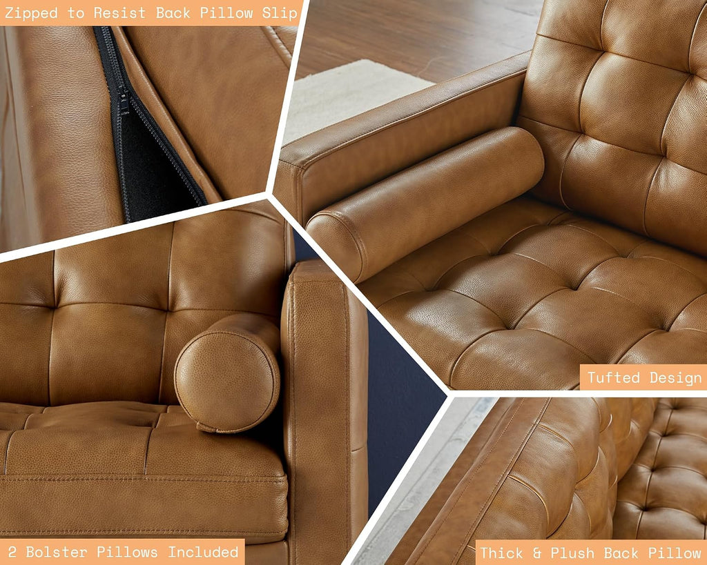 Leather Sofa, Modern Genuine Leather Sofa, 3 Seater Comfy Couch | Genuine Top Grain Leather, Mid Century Modern Sofa for Home Office & Living Room-Brown