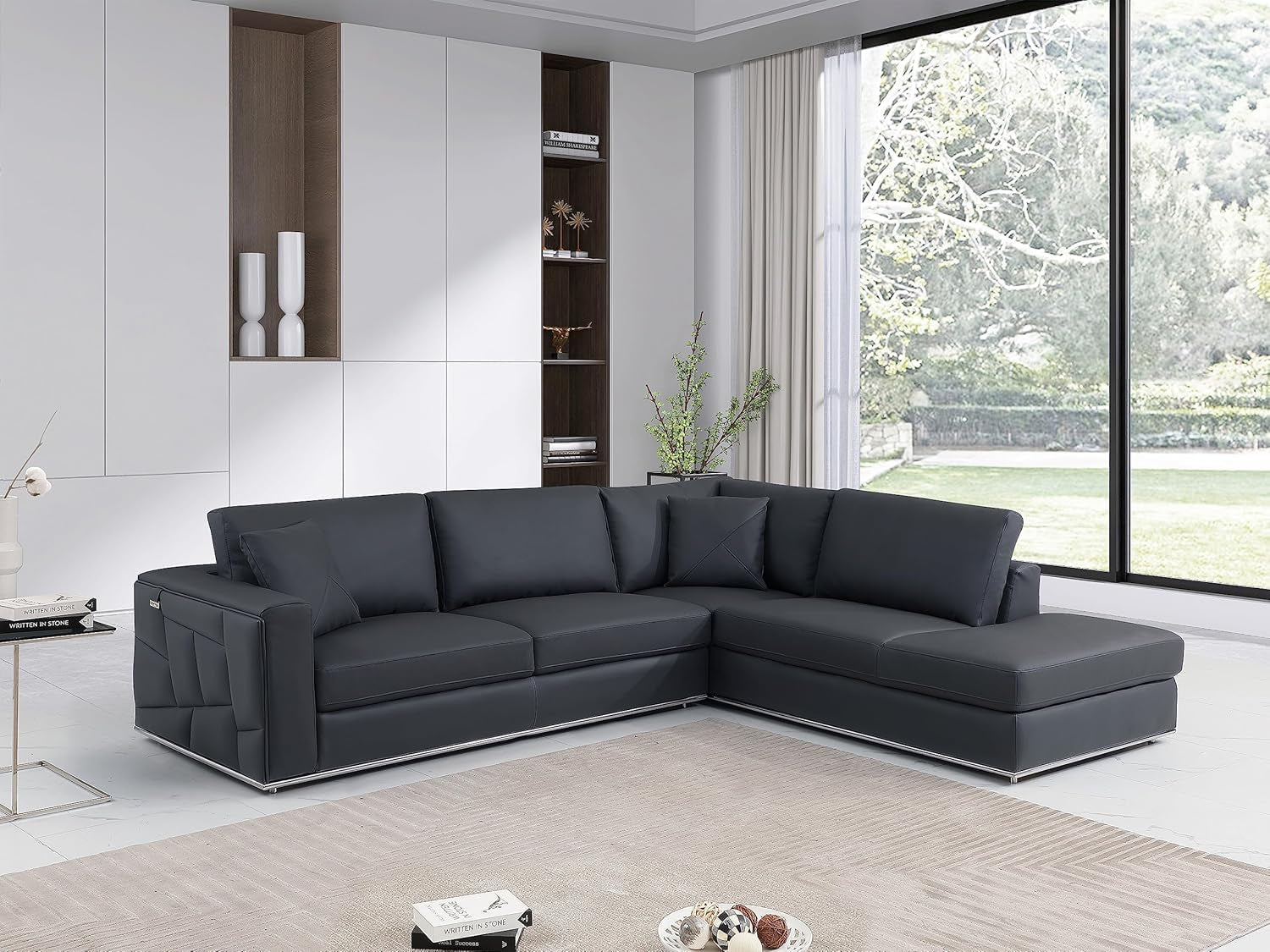 Surton Top Grain Italian Leather Sectional Sofa for Living Room and Home Office, Modern Luxury L-Shaped Couch, Right Arm Facing, 117" W, Dark Gray