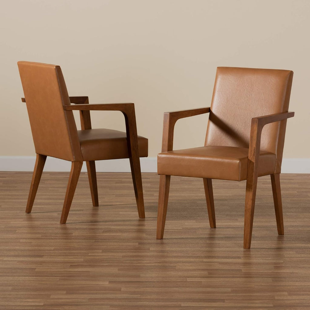 Andrea Mid-Century Modern Tan Faux Leather Upholstered and Walnut Brown Finished Wood 2-Piece Armchair Set