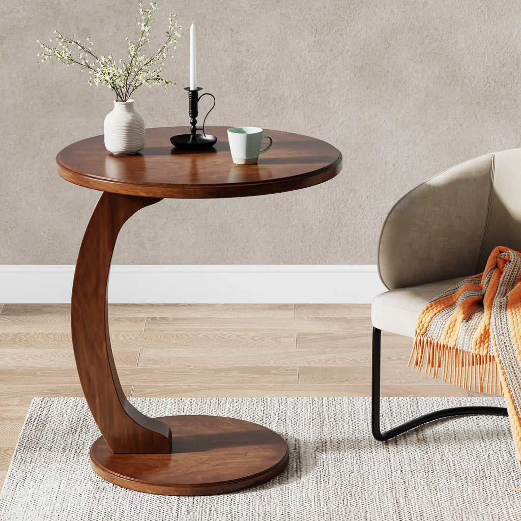 round End Table, Wood C-Shaped Side Table, Small Couch Side Table, Mid-Century End Table, Retro Side Table