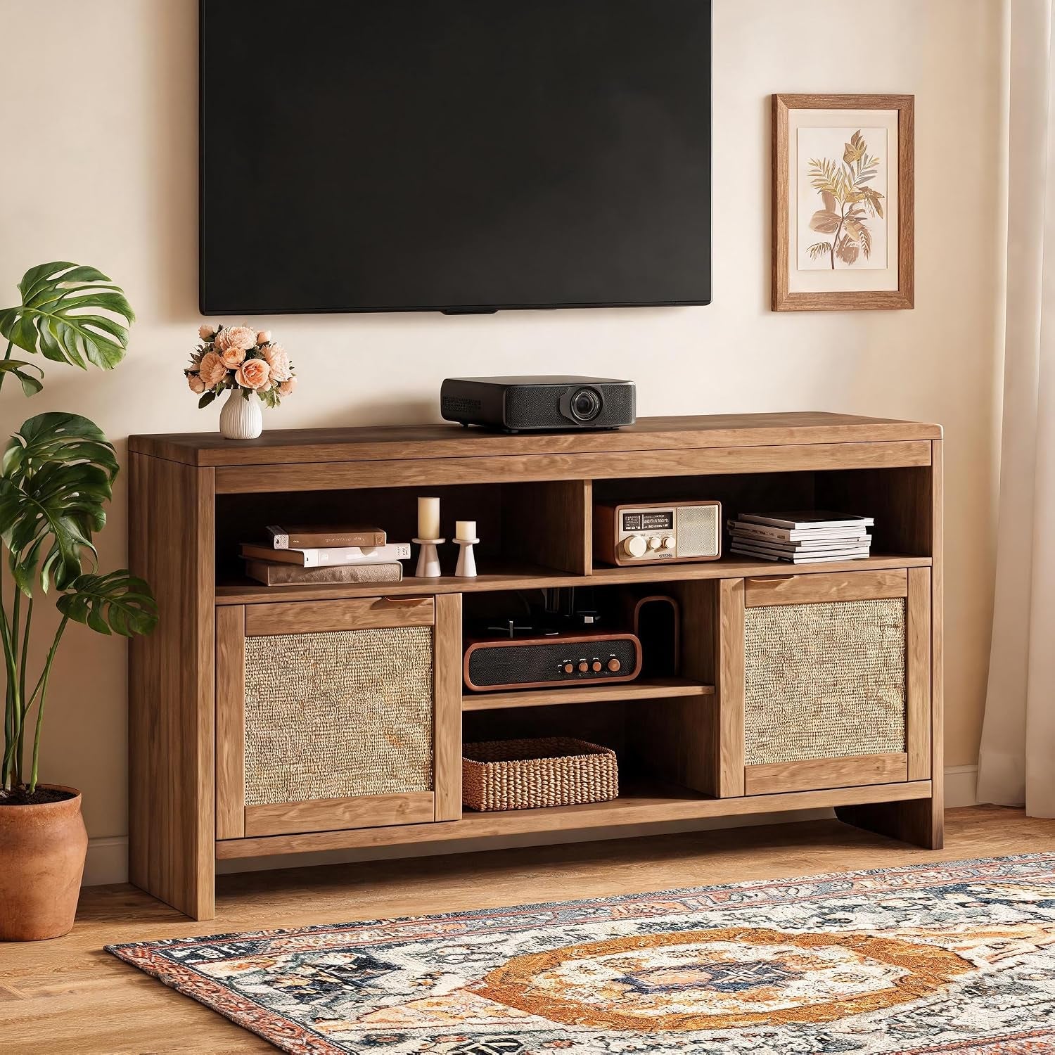 58 in Rattan TV Stand, Natural Oak Entertainment Center-Brown | for Tvs up to 65 Boho Style,Adjustable Shelves Storage,Wooden Console Cabinet for Living Room,Bedroom, Farmhouse