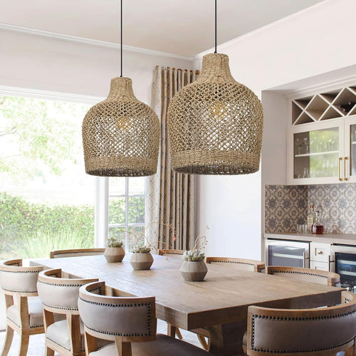 1 Light Rattan Pendant Light Rattan Chandelier Handwoven Boho Coastal Pendant Lampshade Wicker Basket Ceiling Light Hanging Light for Dining Living Room D 15.7″* 19.6″