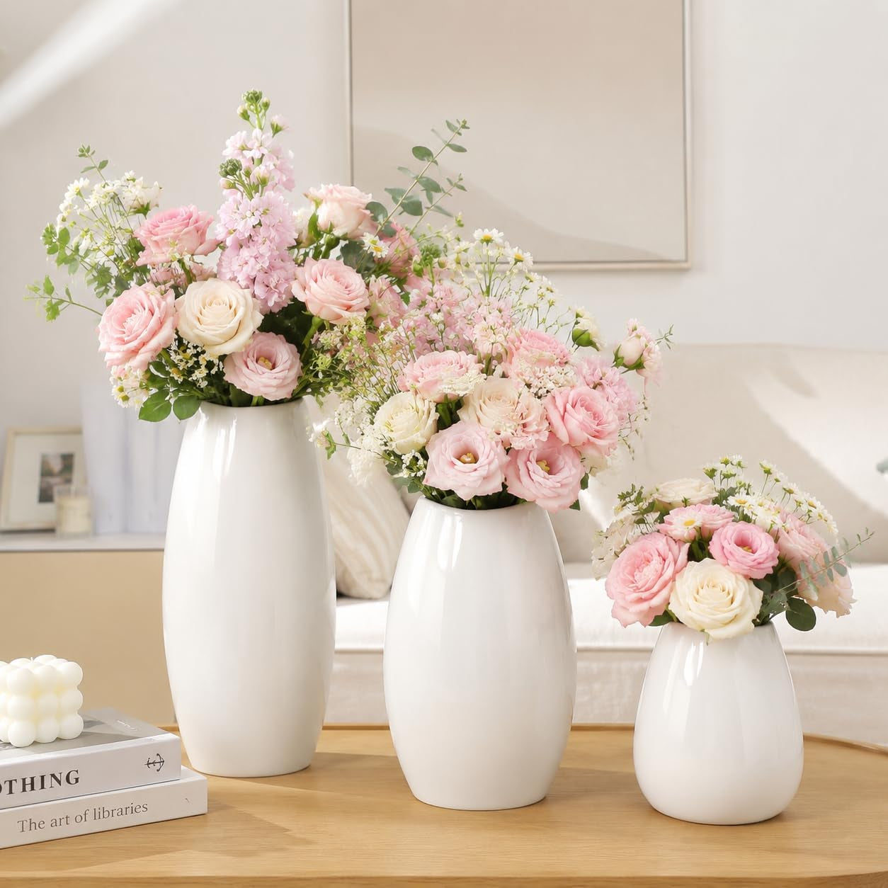 Ceramic Vase Set of 3 White Flower Vase for Home Decor, Modern Decorative Vases for Flowers/Ideal Shelf Decor/Table/Living Room/Kitchen/Office-White