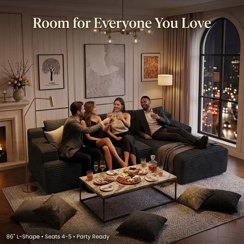 Black corduroy L shaped modular sectional