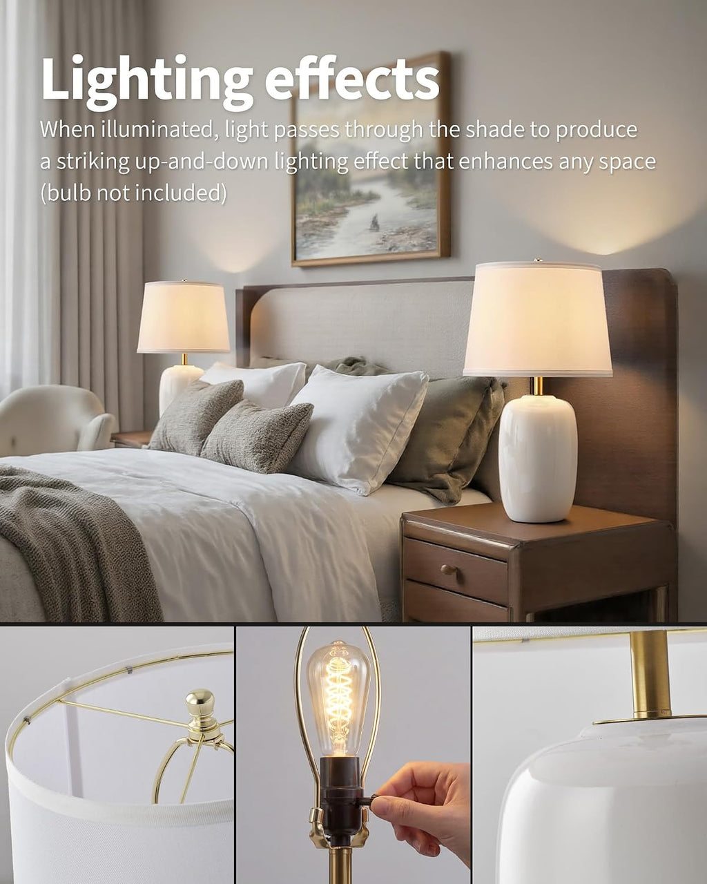 22 Inch White Ceramic Table Lamps Set of 2, Fabric Lampshade Desk Lamp | E26 Socket, Rotary Switch Lighting for Living Room, Office, Bedroom, Nightstand, Reading, Office, Study, Corner, Home Decor