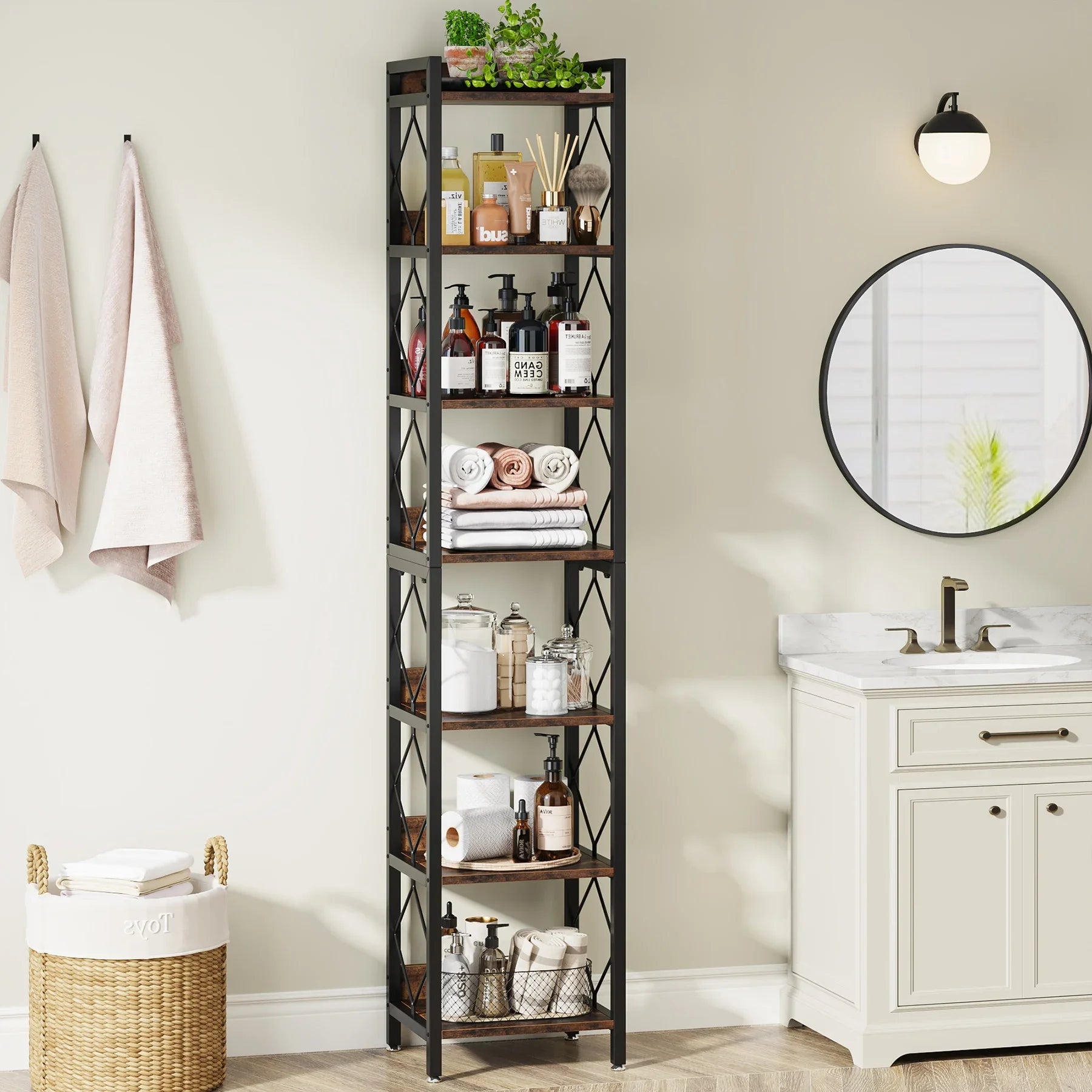 78.7 Inch Extra Tall Narrow Bookshelf, 7 Tier Skinny Bookcase for Small Spaces, Freestanding Display Shelves