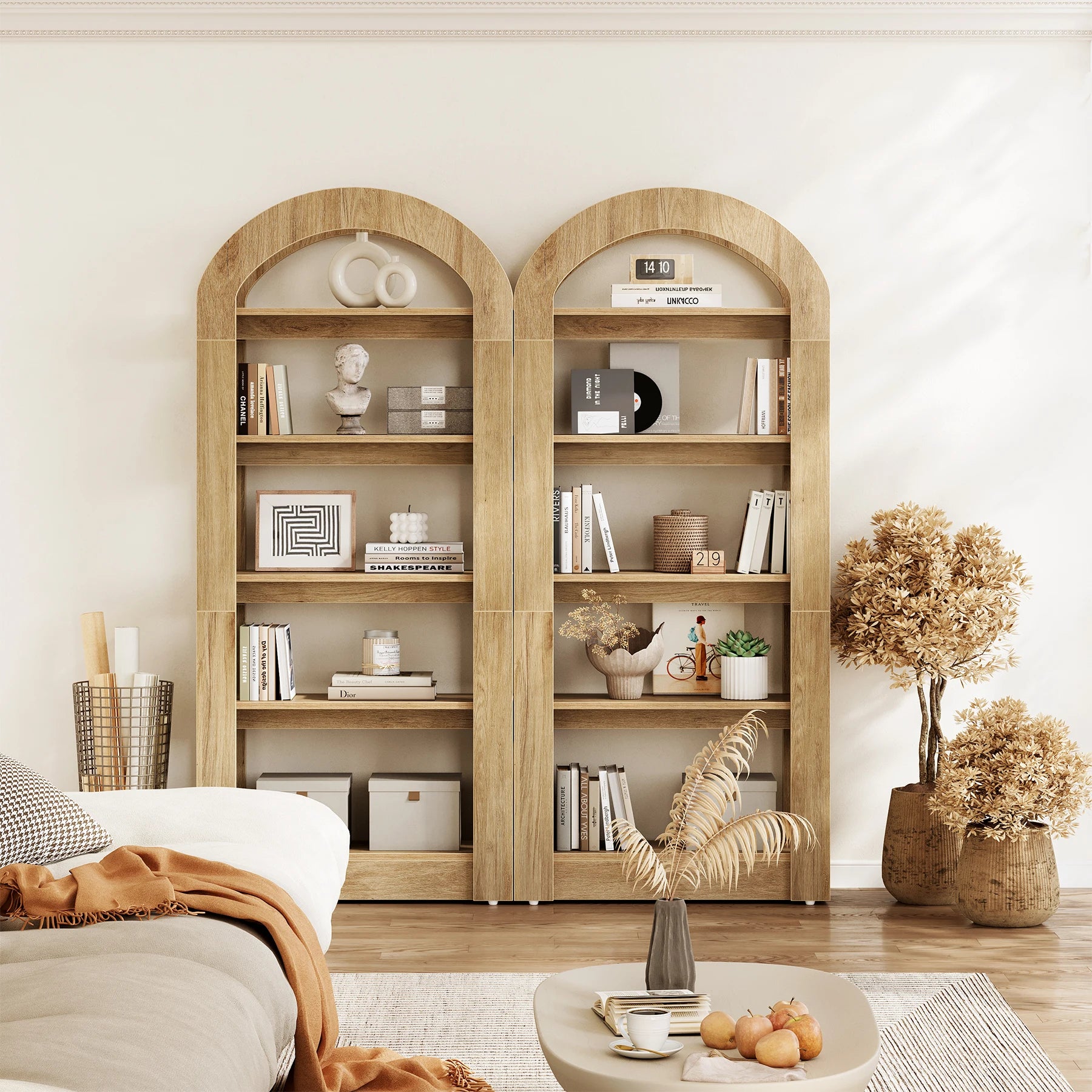 70.87” Tall Arched Bookshelf, Rustic Oak Bookcase with 5-Tier Storage, Modern Decorative Display Shelf for Living Room, Bedroom, Office (31.5” W X 11.81” D)