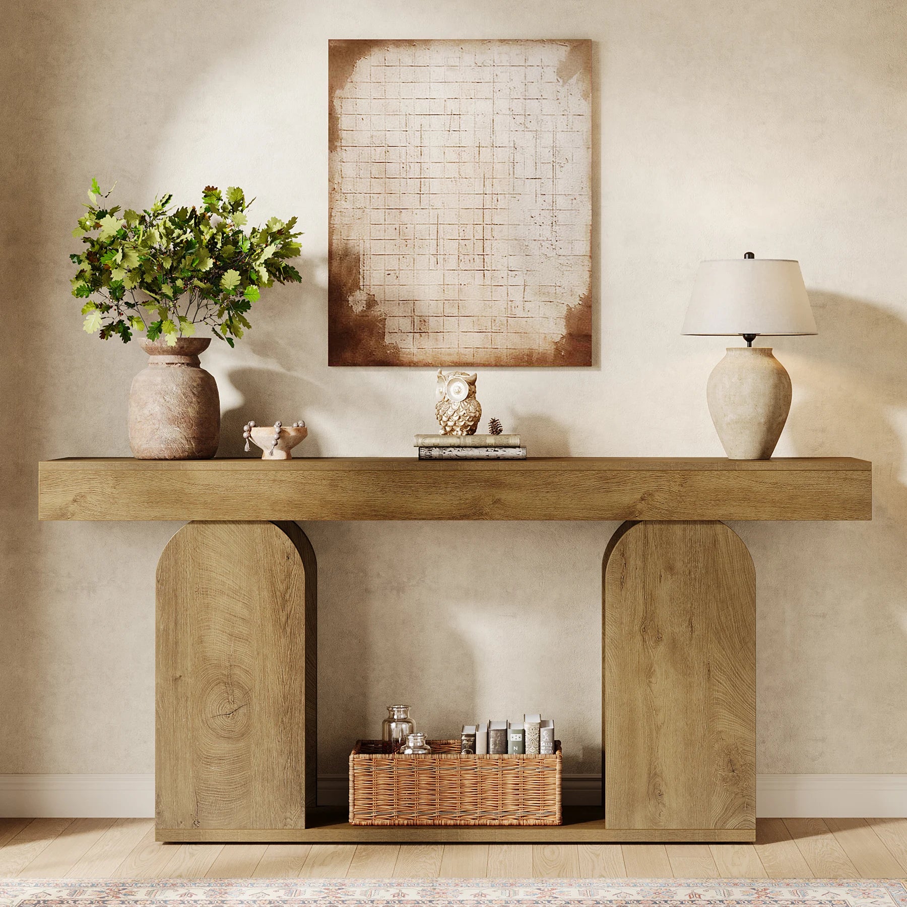 Farmhouse Wood Console Table, 70.9-Inch Entryway Accent Table with U-Shaped Base, 2-Tier Extra Long Sofa Tables for Entrance, Hallway, Living Room (Light Brown)