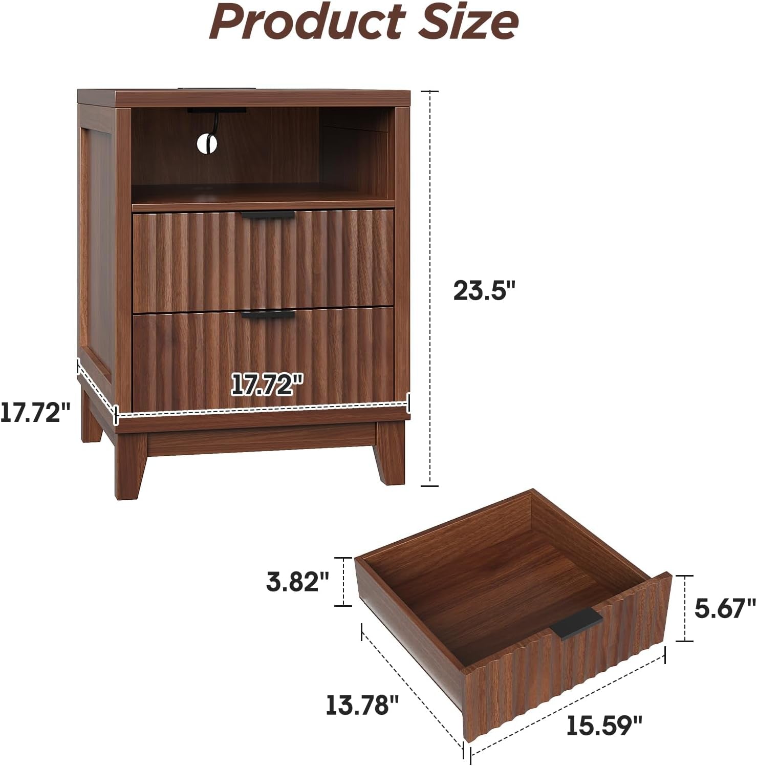 Fluted Nightstand with Charging Station, Modern Night Stand with 2 Slide Drawers and 1 Open Shelf, Walnut End Table with Metal Handles, Bedside Table for Bedroom, 17.7 X 17.7 X 23.6In