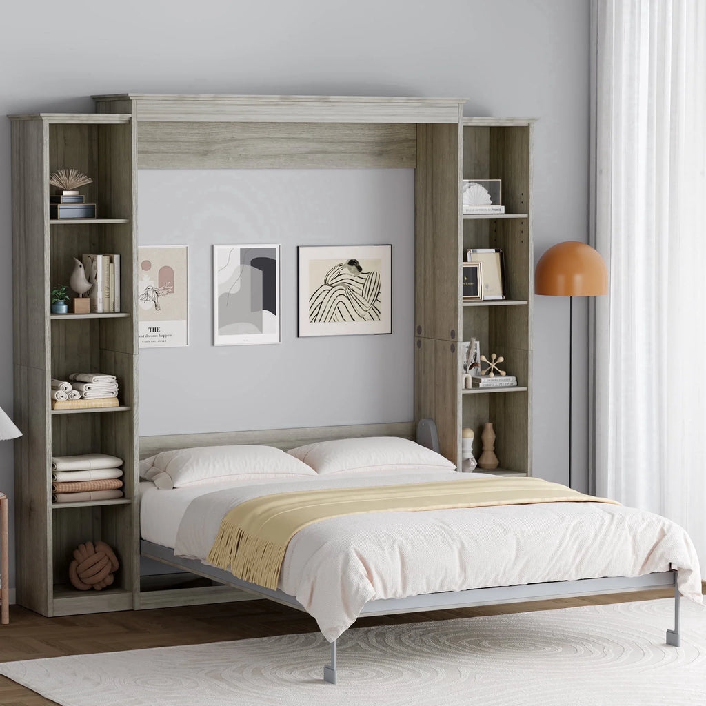 Queen Size Murphy Bed Cabinet in Grey with 5-Tier Storage Shelves, Foldable Platform Bed Wall Cabinet Bedframe for Small Space, Bedroom, Guest Room