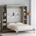 Queen Size Murphy Bed Cabinet in Grey with 5-Tier Storage Shelves, Foldable Platform Bed Wall Cabinet Bedframe for Small Space, Bedroom, Guest Room