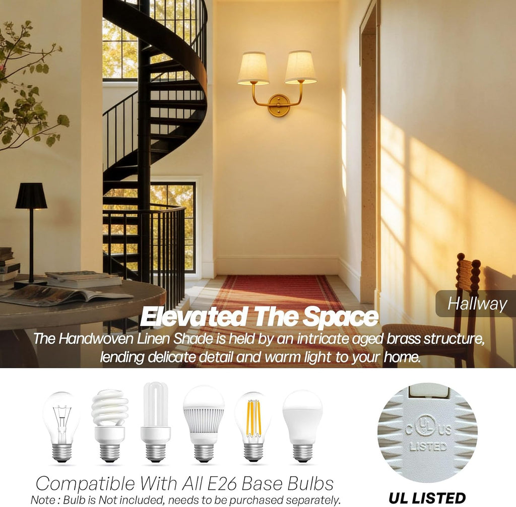 2-Light Vintage Wall Sconce,Brass Gold Double Wall Sconces with Linen Fabric Shade Hardwired Bathroom Vanity Light for Bedroom Living Room Bedside Kitchen Hallway Indoor E26 Base