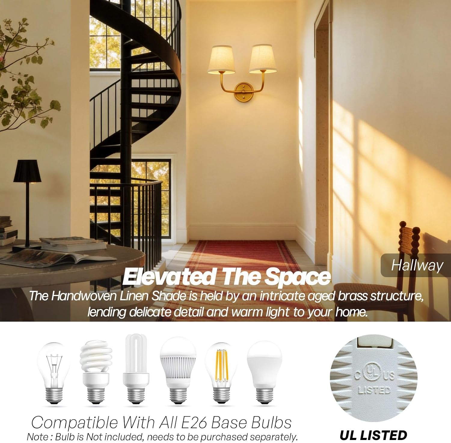 2-Light Vintage Wall Sconce,Brass Gold Double Wall Sconces with Linen Fabric Shade Hardwired Bathroom Vanity Light for Bedroom Living Room Bedside Kitchen Hallway Indoor E26 Base