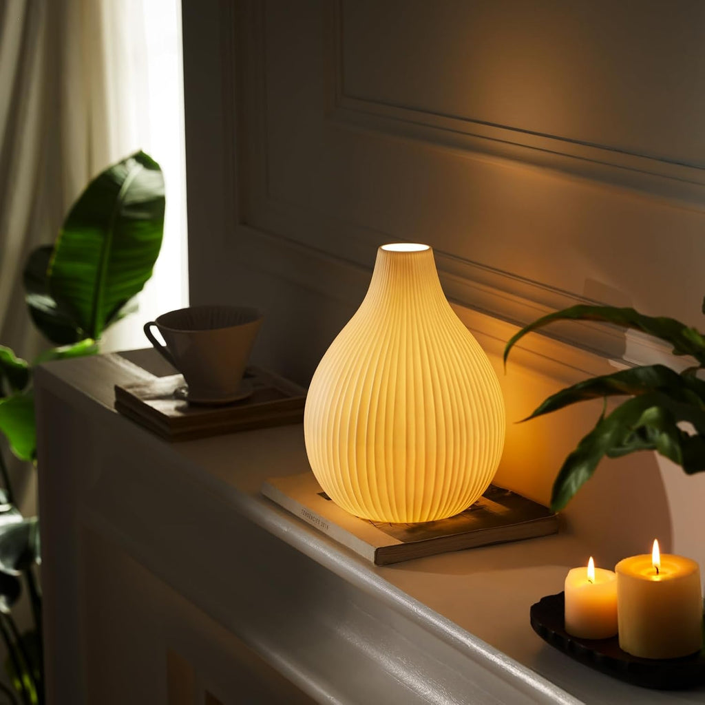 Modern Ceramic Decorative Table Lamp Living Room Bedroom Bedside | Handcrafted Unique Warm Ambient Lighting Lamp, Accent White Translucent Ceramic Shade, Fully Dimmable, Corded, Bulb Included