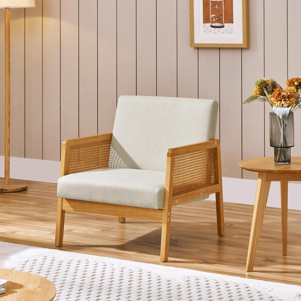 Yaheetech Rattan Accent Chair, Boho Vintage Armchair, Beige | Boucle Fabric Chair, Upholstered Reading Chair with Wood Armrest and Legs for Living Room Bedroom Reception Waiting Room
