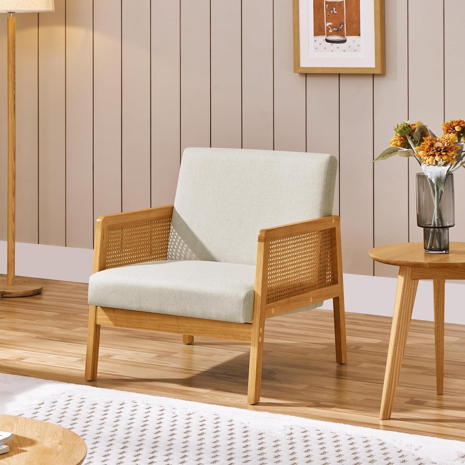 Yaheetech Rattan Accent Chair, Boho Vintage Armchair, Beige | Boucle Fabric Chair, Upholstered Reading Chair with Wood Armrest and Legs for Living Room Bedroom Reception Waiting Room