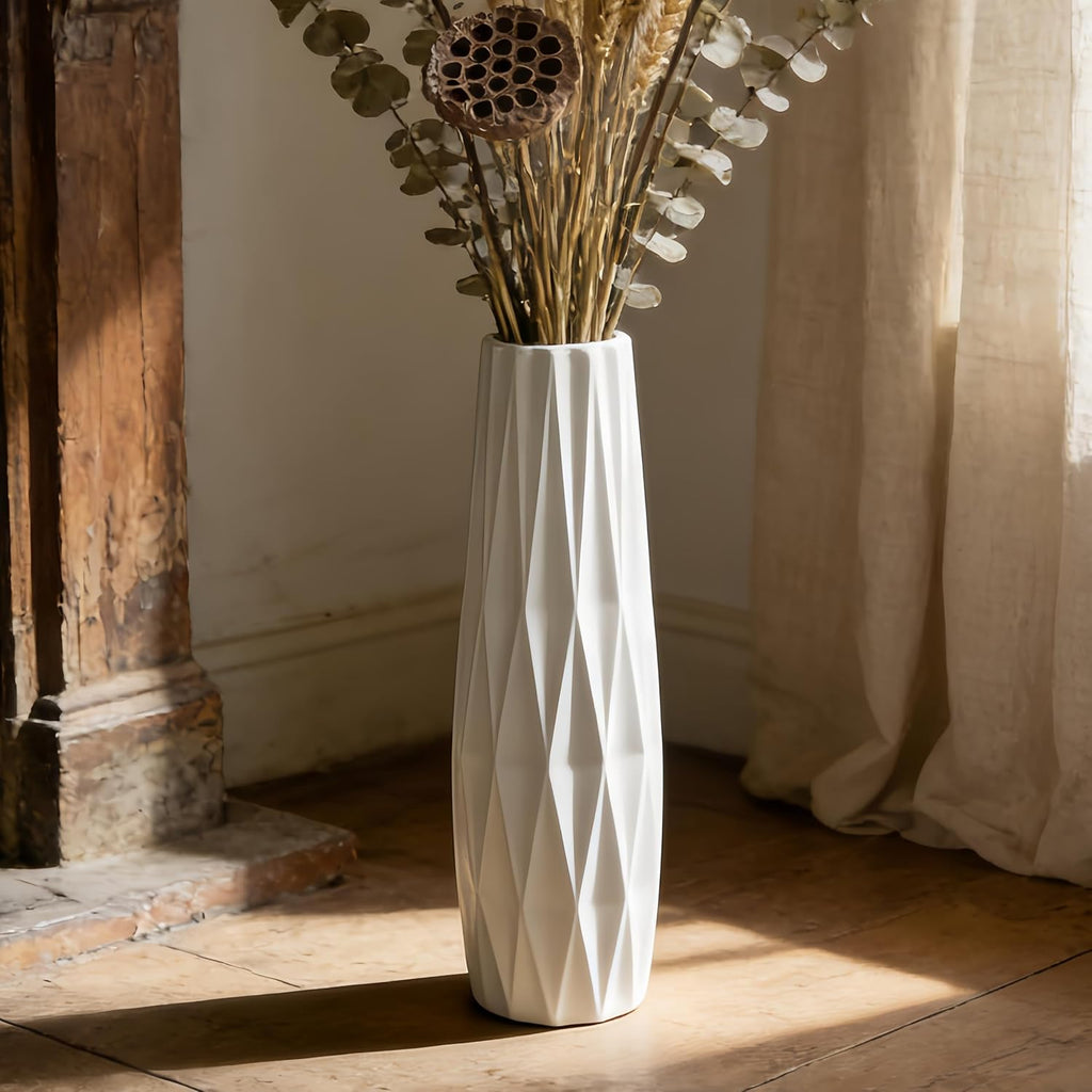 White Tall Ceramic Floor Vase, 15.7 Inch, Ribbed Design | Glossy Glazed Finish, Narrow Corners, Entryway, Bedroom, Compact Spaces