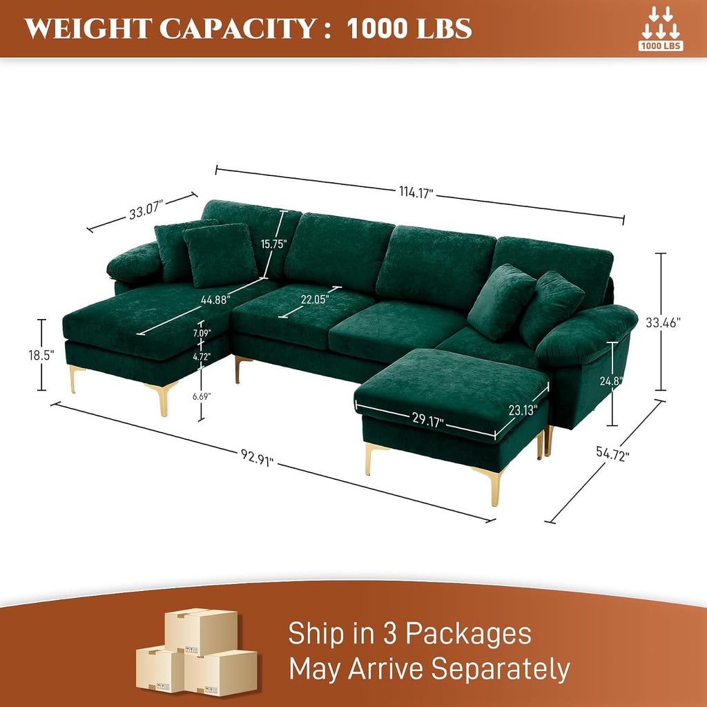 U-Shaped Sectional Sofa Couch, 4 Seat Sofa Set for Living Room, Convertible L-Shaped Velvet Couch Set with Chaise Lounge, Ottoman and Pillows,114 Inches (Emerald Green)