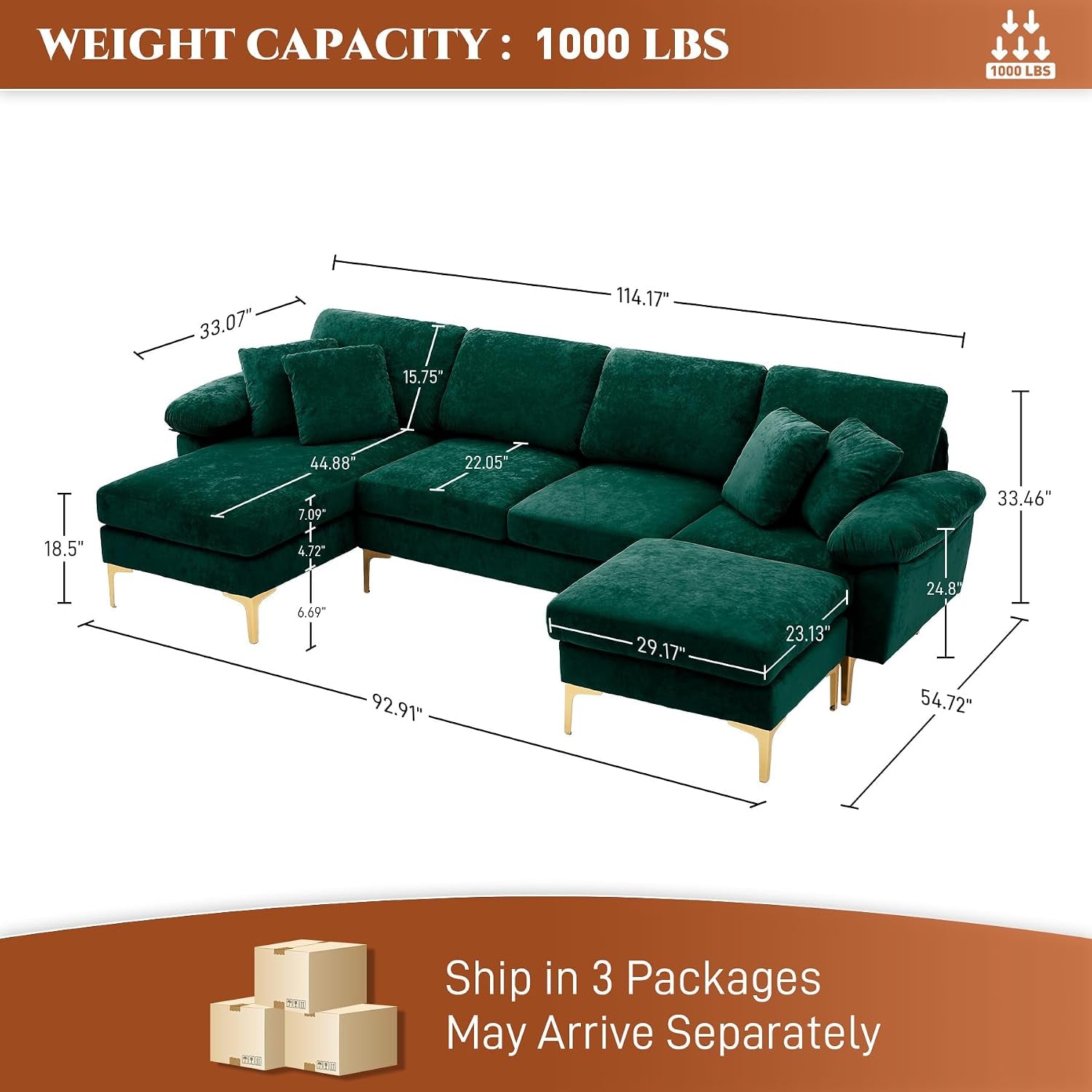 U-Shaped Sectional Sofa Couch, 4 Seat Sofa Set for Living Room, Convertible L-Shaped Velvet Couch Set with Chaise Lounge, Ottoman and Pillows,114 Inches (Emerald Green)