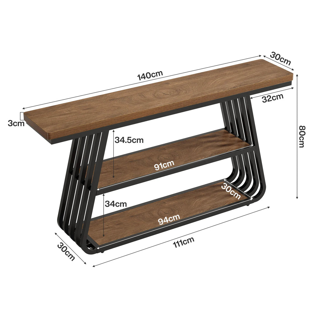 55" Entryway Table with Shelves, 3-Tier Console Table Sofa Table with Iron Frame, Wooden Entry Table for Living Room, Foyer, Hallway, Industrial Style