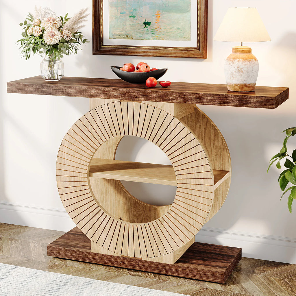 Console Table with Storage, Entryway Sofa Table with Shelves and Circle Base for Living Room Hallway