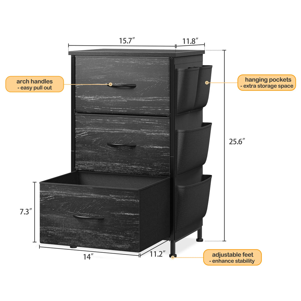 Set of 2 Nightstands, Metal Wood Storage Dresser with 3 Fabric Drawers & Side Storage Pockets for Bedroom, Closet, Hallway, Entryway