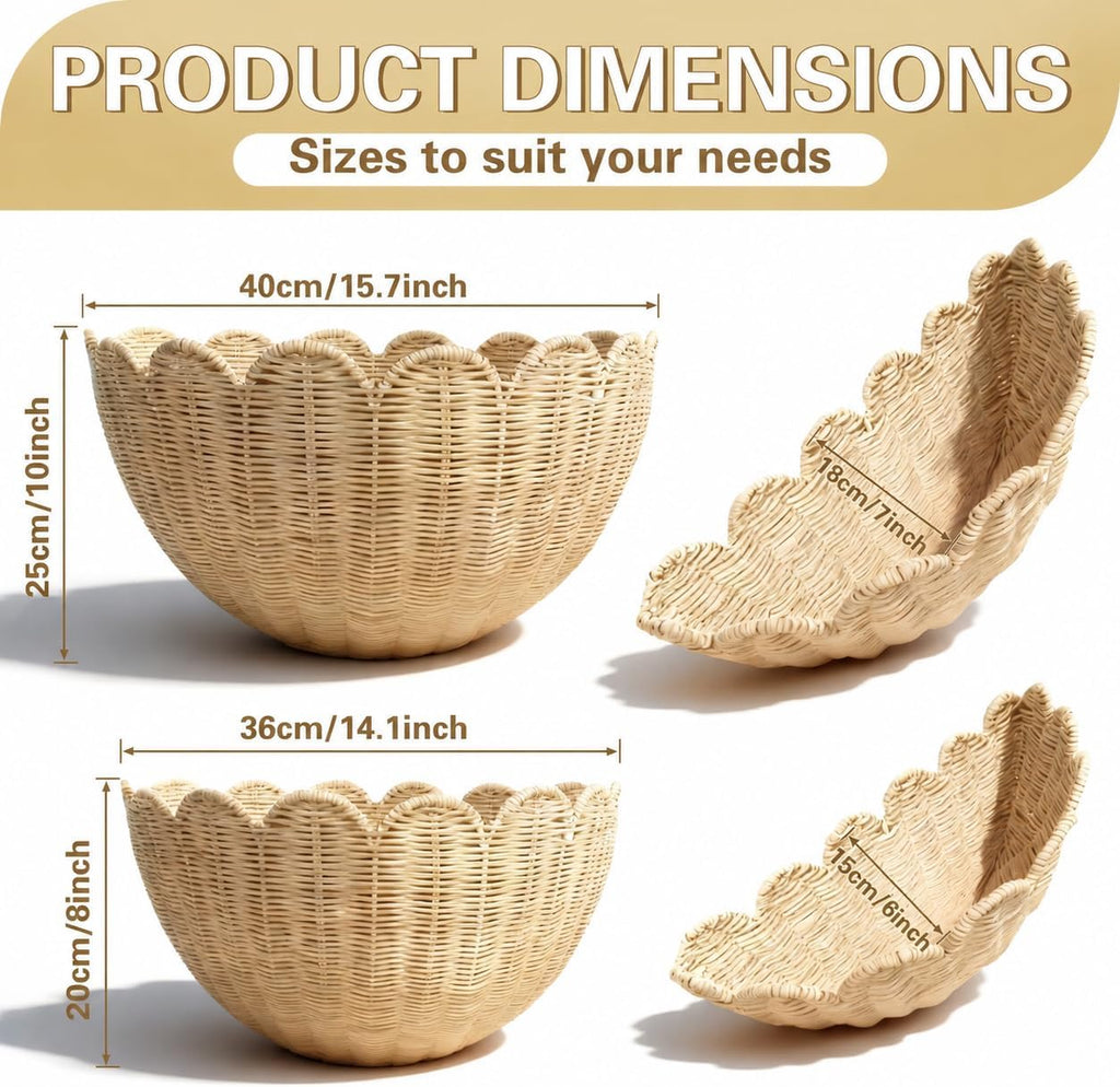 Set of 2 Scalloped Woven Rattan Wall Hanging Baskets, Decorative Wall Storage Baskets for Nursery, Bathroom, Kitchen, Farmhouse & Entryway Decor