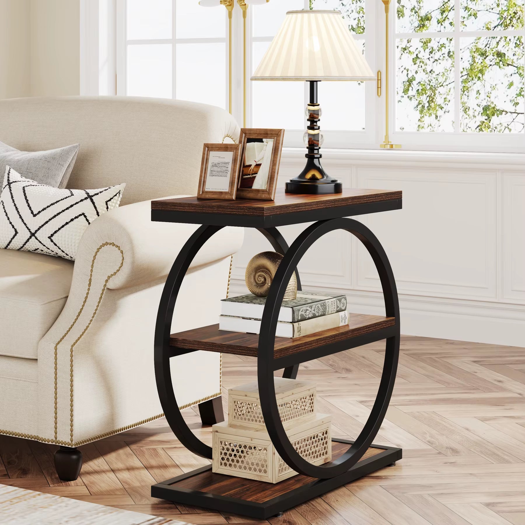 End Table, Narrow End Table with 3 Storage Shelves, Wooden Side Table, Industrial Small Sofa Side Table