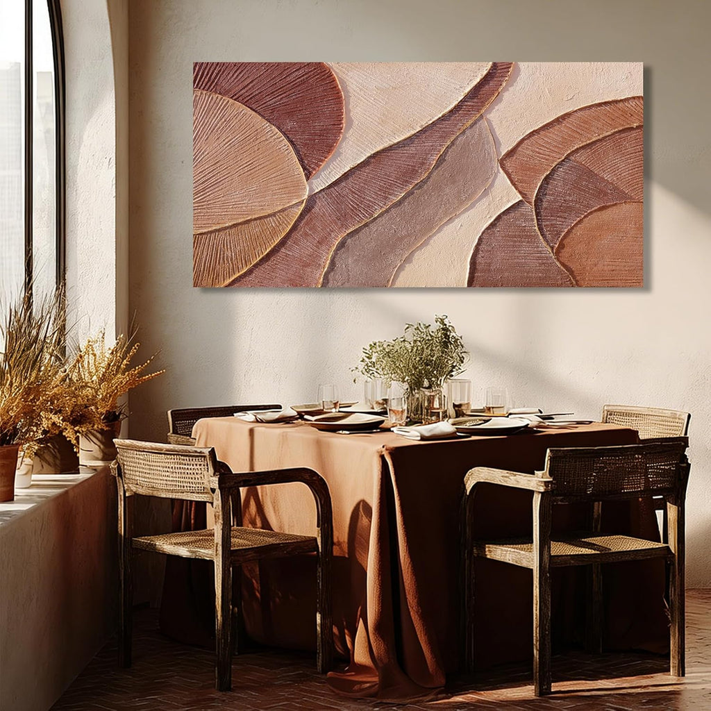 Brown Beige Abstract Wall Art, Hand Painted Oil Painting for Office, Large Textured Horizontal Wall Decor for Living Room Bedroom, 24X48 Inch