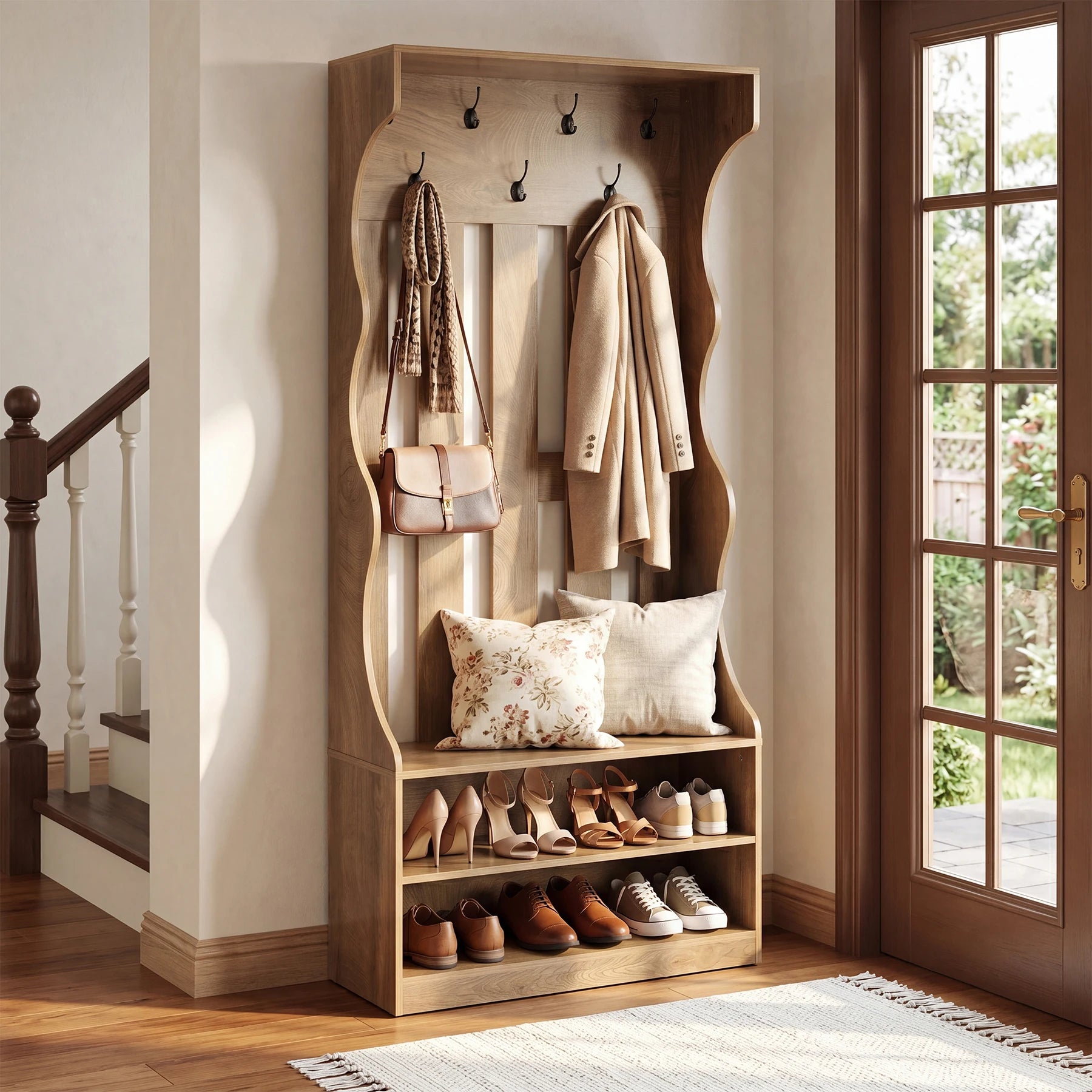 3-In-1 Coat Rack with Shoe Bench, 70.9" Tall Hall Tree with 7 Hooks, Farmhouse Entryway Coat Rack with 2 Tier Shoe Storage for Entryway, Living Room, Bedroom, Brown