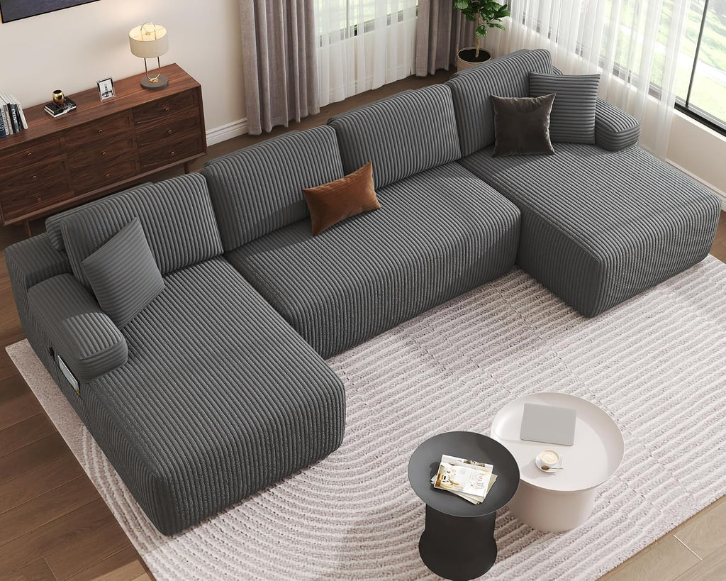 126" Oversized Cloud Couch, U-Shaped Boneless Sectional with Deep Seat Gray | Deep Seat Modular Sofa, Corduroy Boneless Sofa with Chaise, No Assembly Required