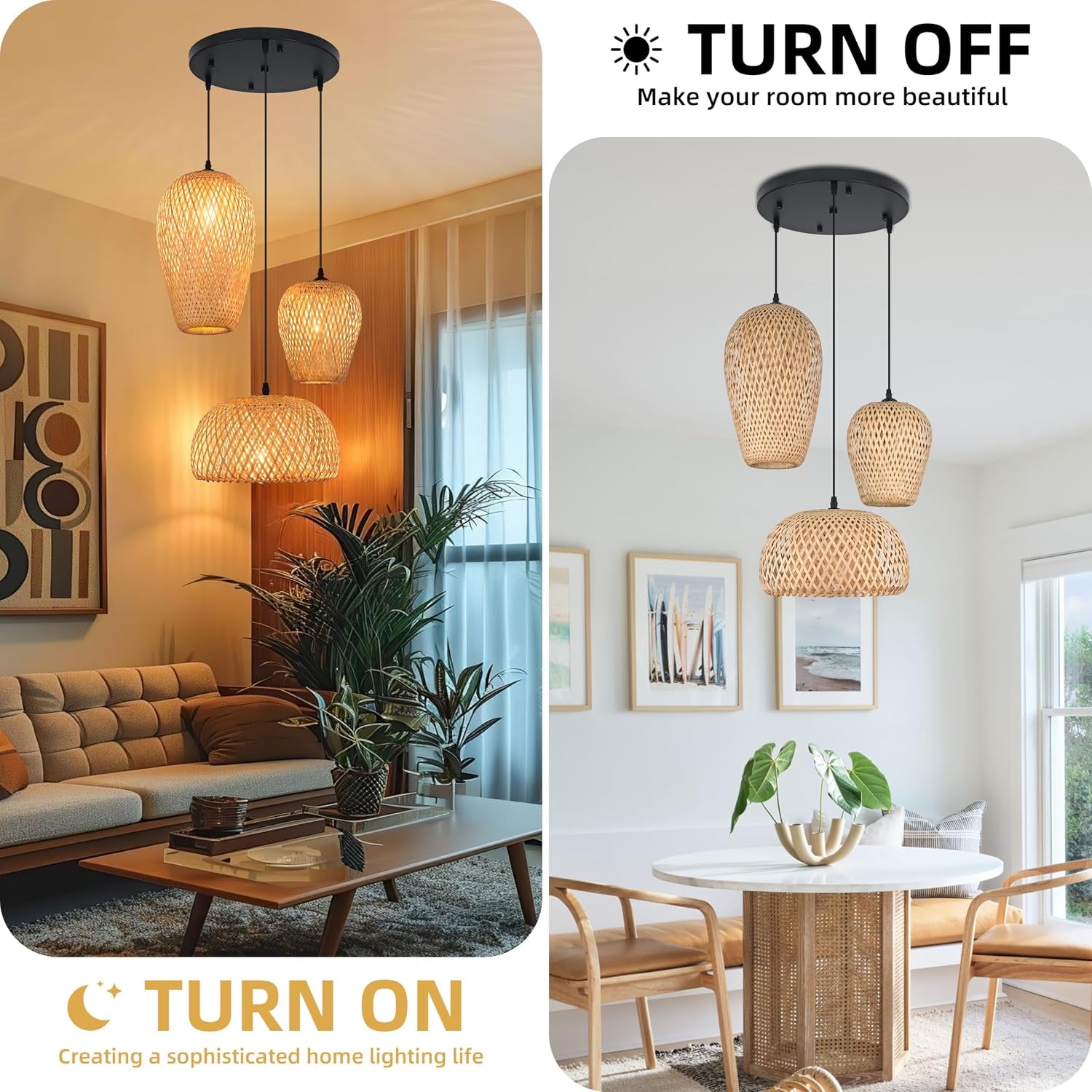 3-Light Rattan Pendant Light Rattan Chandelier Light Fixture Boho Chandelier Light Fixture Hand-Woven Bamboo Chandeliers 3-Light Bamboo Pendant Light for Living Room Dining Room (Bulb Incl.)