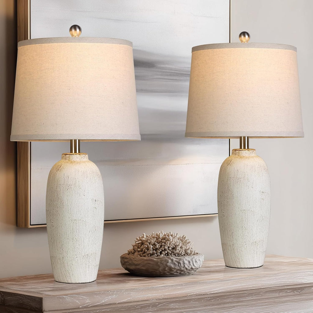 Jar Table Lamps Set of 2, 25" Ceramic Bedside Lamps for Bedroom, Beige Farmhouse Nightstand Lamps for Living Room