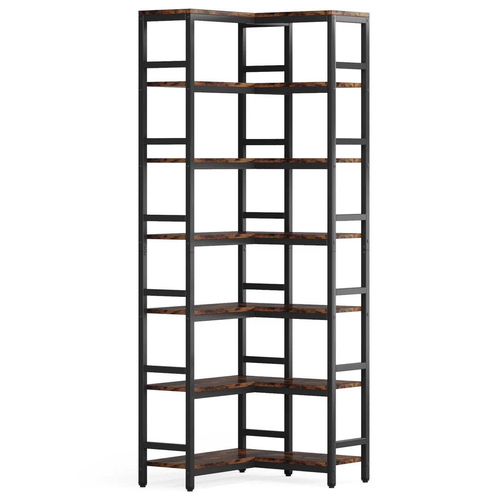 Seven tier corner bookshelf with metal frame