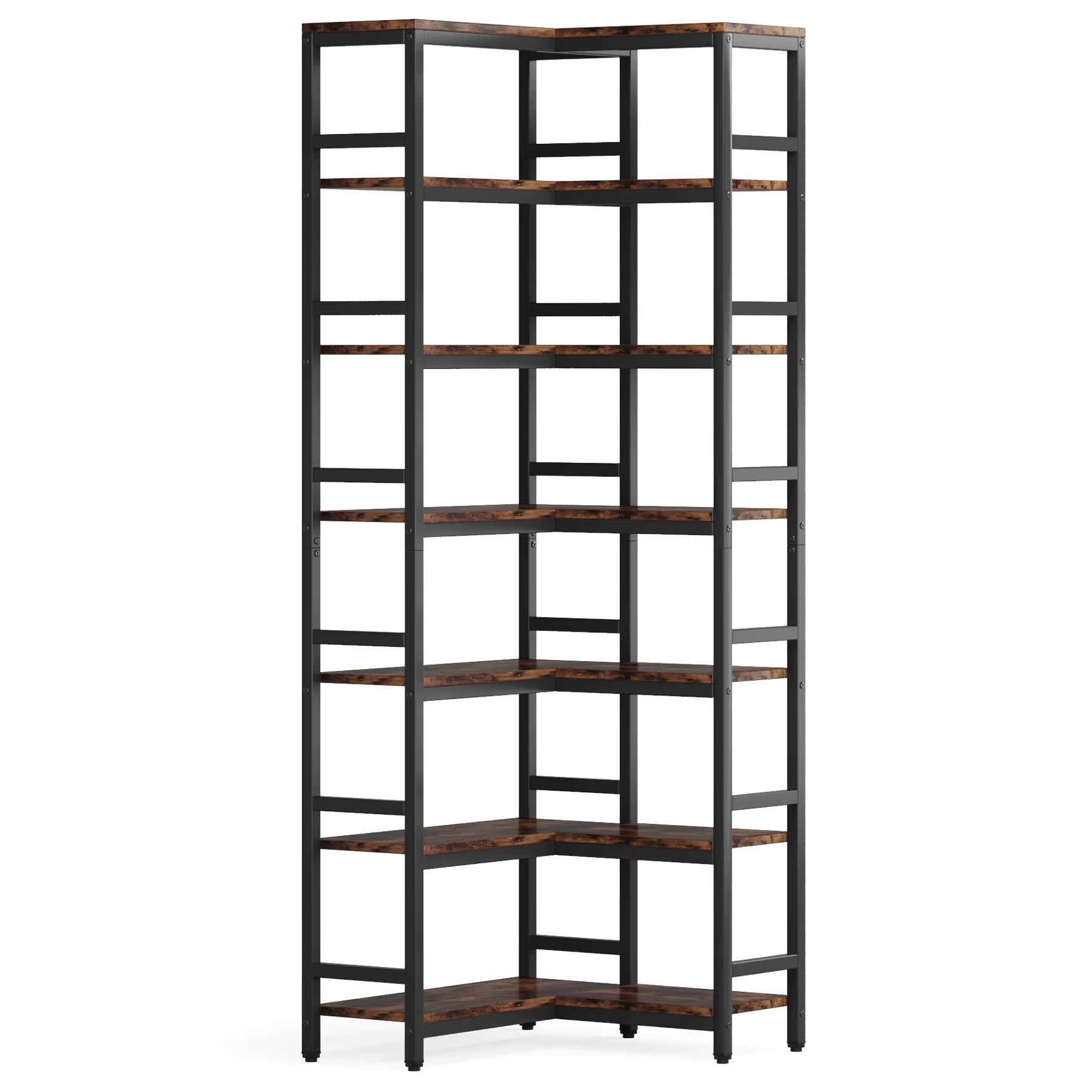 Seven tier corner bookshelf with metal frame