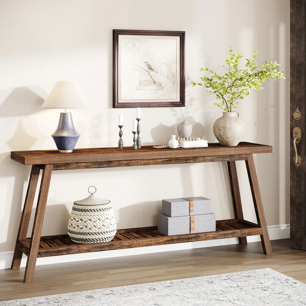 Farmhouse Console Entryway Table: 70.9 Inches All Wood Console Table for Entrance, 2 Tiers Narrow Long behind Couch S