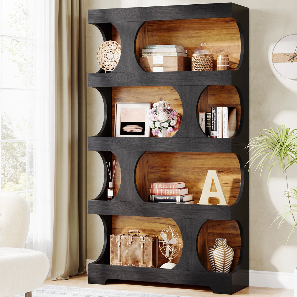 71" Tall Bookcase, 4-Tier S-Shaped Bookshelf, Wood Decorative Storage Shelving, Modern Freestanding Display Shelves