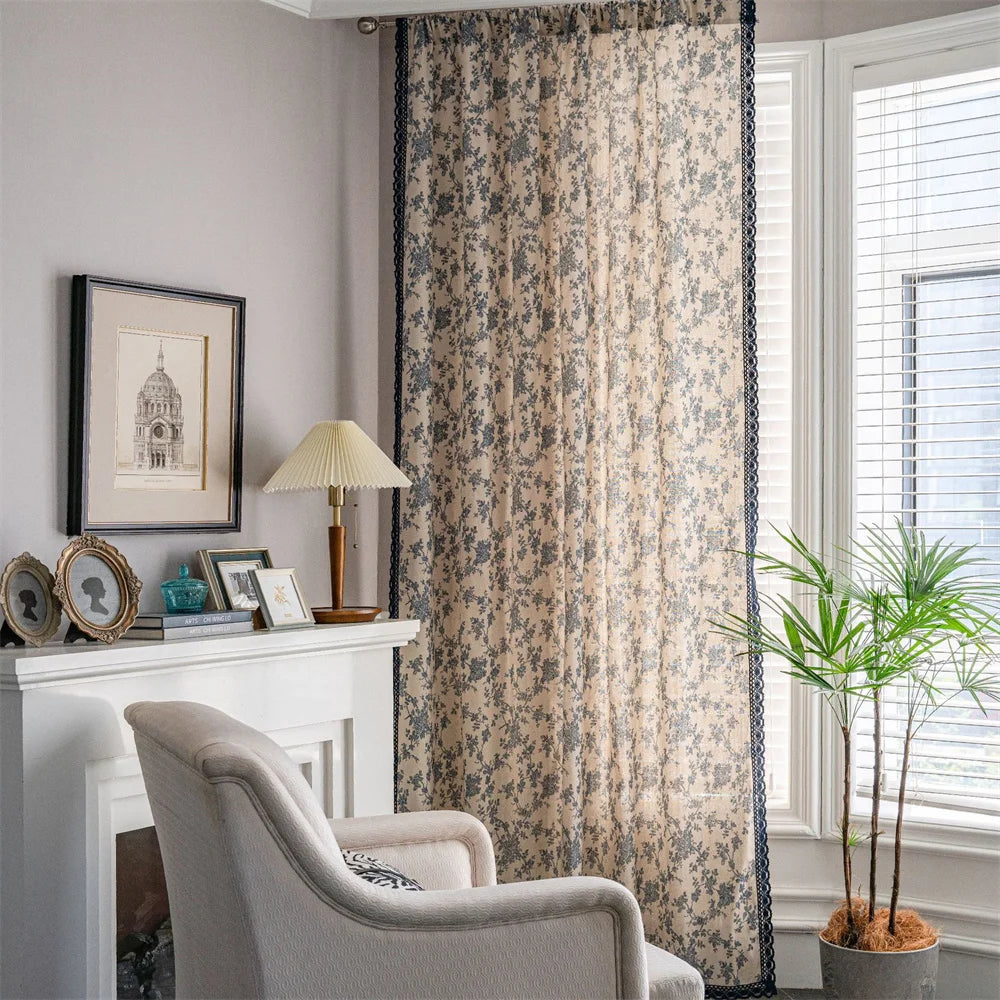 Flower Curtains for Living Room Bedroom Lace Trim Linen Curtains Farmhouse Window Drapes for Lounge Room Home Decor