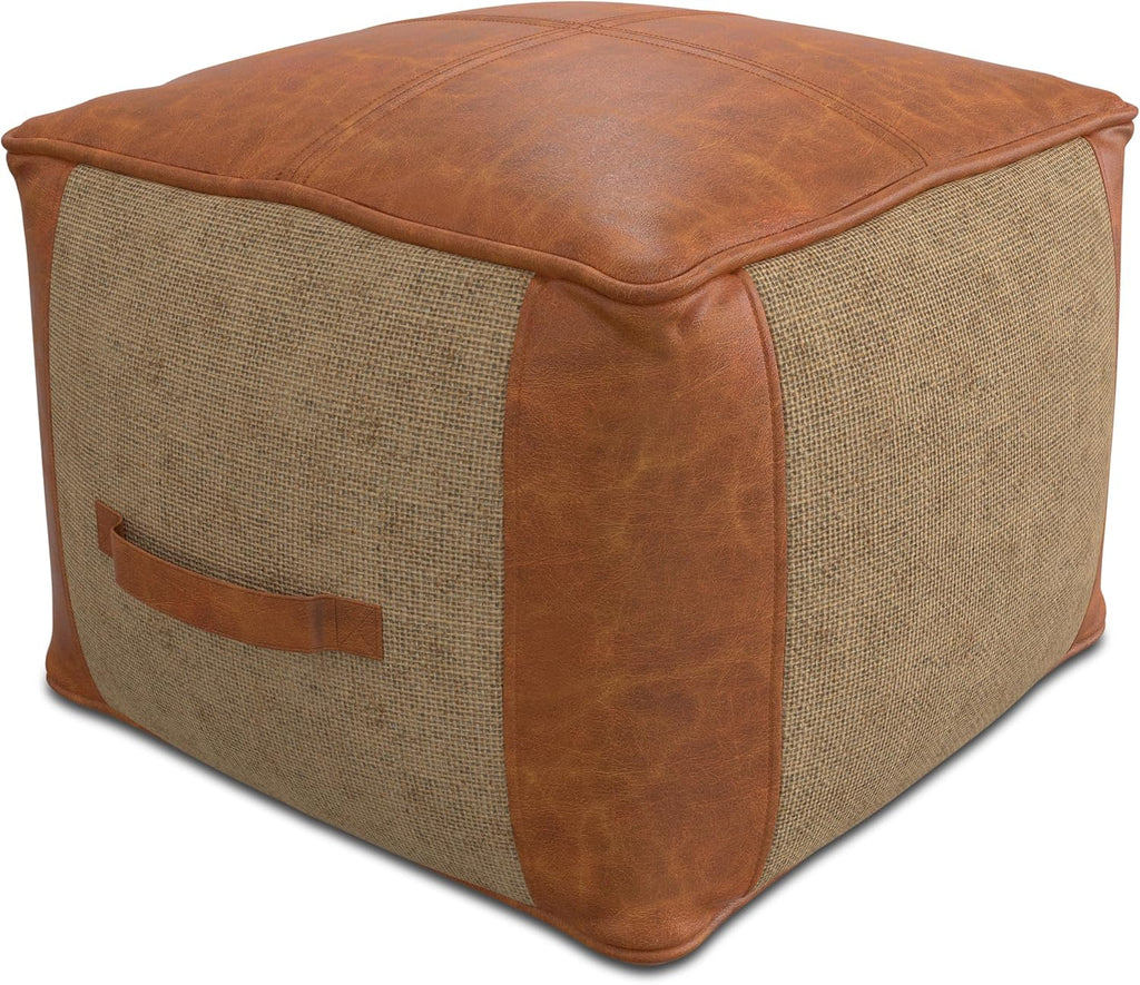 Beatrix 18" Wide Square Pouf in Blue/Beige PET Polyester | Boho Footstool, Extra Seating for Home Living Room or Bedroom or Kids Room with Assembled Design, Assembled; Pouf Ottoman.
