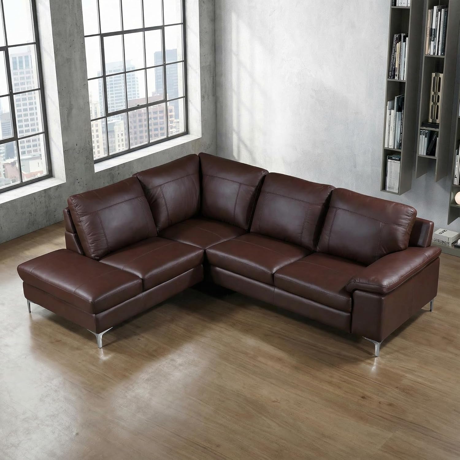 Contemporary Dallas Genuine Leather Sectional Sofa with Left Side Facing Chaise Lounge, Brown 80"X98"