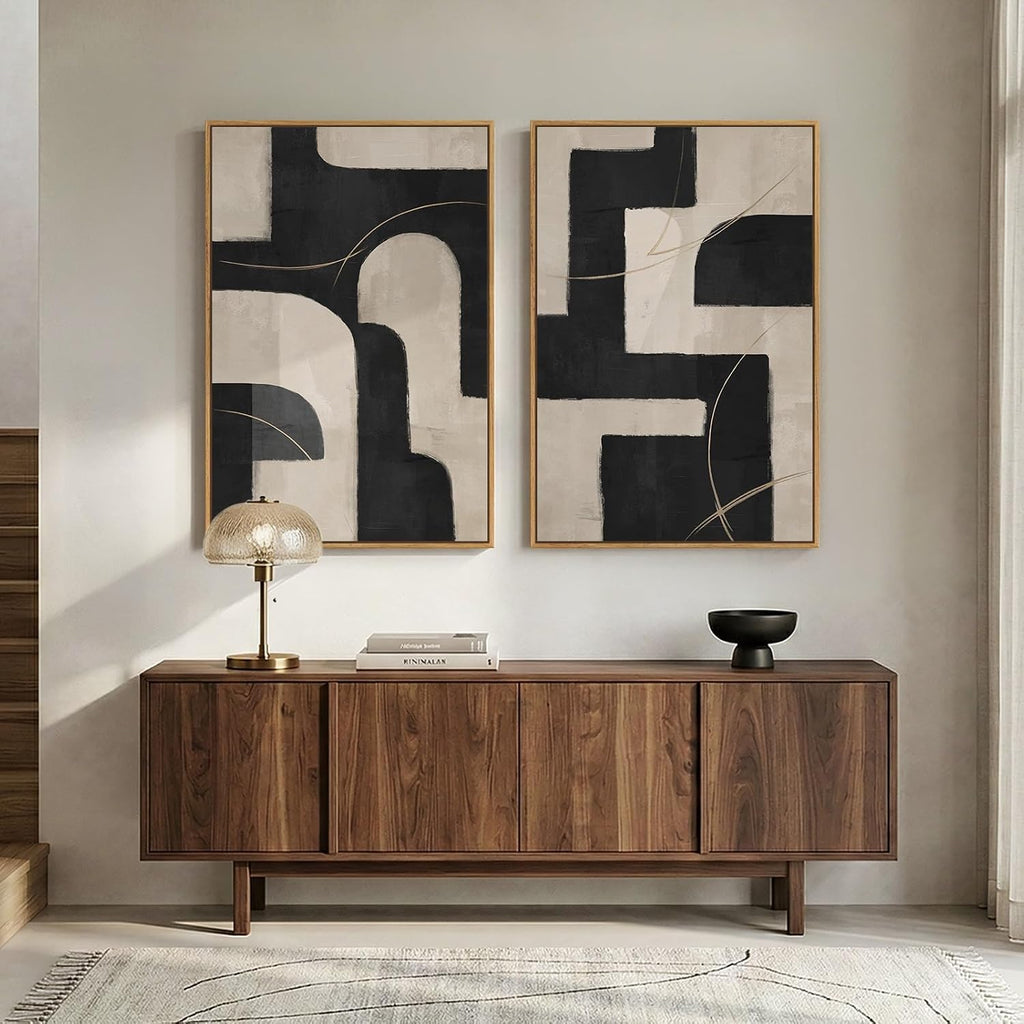 Large Framed Neutral Black and Beige Abstract Wall Art Set of 2, 24X36 in | 2 Piece, Canvas Prints, Black Beige Paintings, Modern Minimalist Artwork, Geometric Pictures, Living Room Bedroom Wall Decor