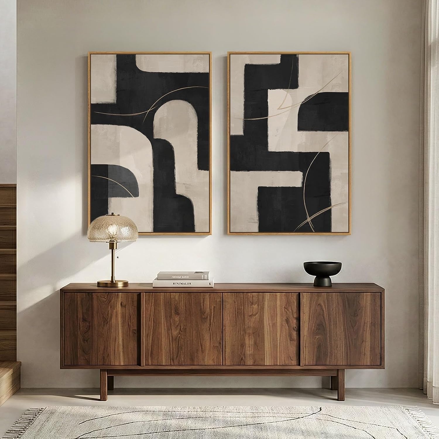 Large Framed Neutral Black and Beige Abstract Wall Art Set of 2, 24X36 in | 2 Piece, Canvas Prints, Black Beige Paintings, Modern Minimalist Artwork, Geometric Pictures, Living Room Bedroom Wall Decor