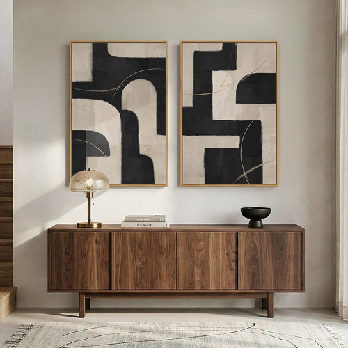 Large Framed Neutral Black and Beige Abstract Wall Art Set of 2, 24X36 in | 2 Piece, Canvas Prints, Black Beige Paintings, Modern Minimalist Artwork, Geometric Pictures, Living Room Bedroom Wall Decor