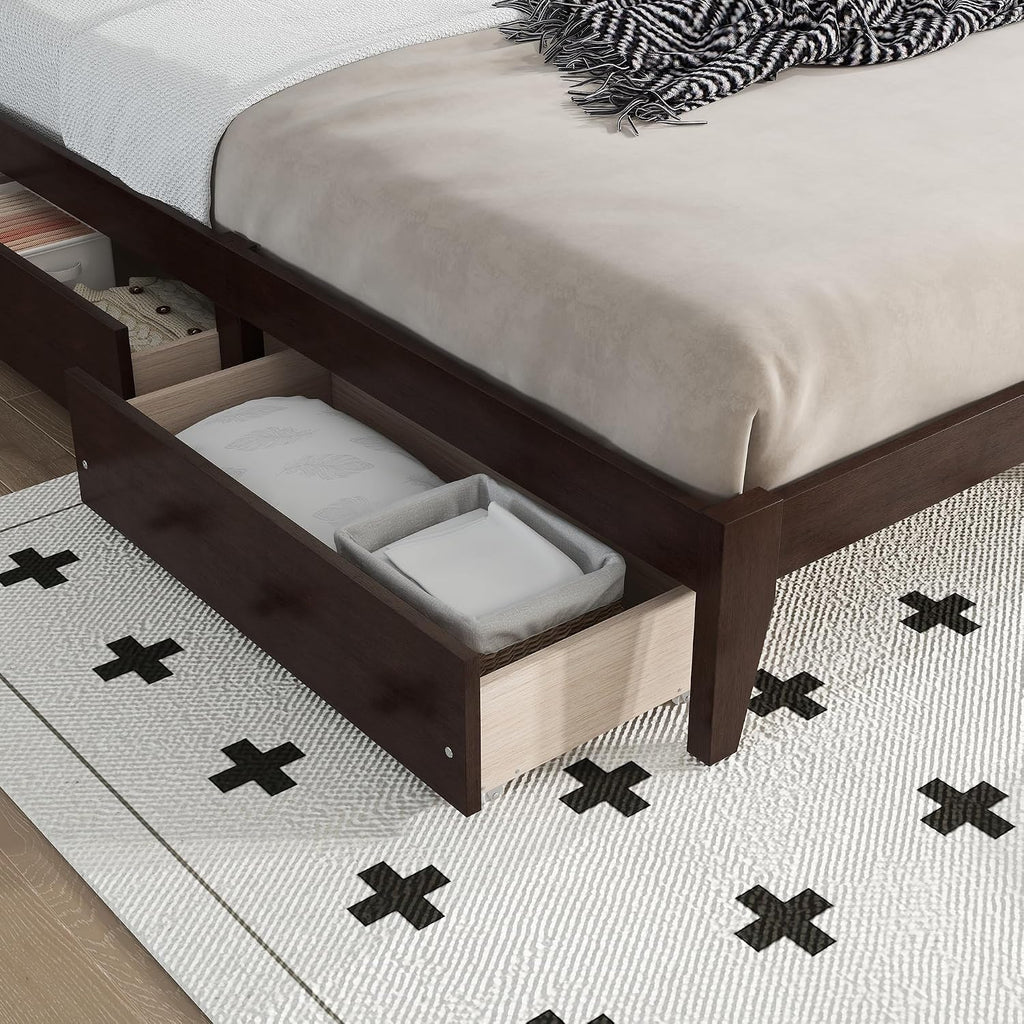 King Size Wood Platform Bed Frame with Rattan Headboard, 2 Storage Drawers, Modern Style Bed with Solid Wooden Slats, Easy Assembly, No Box Spring Required, for Bedroom, Guest Room, Espresso