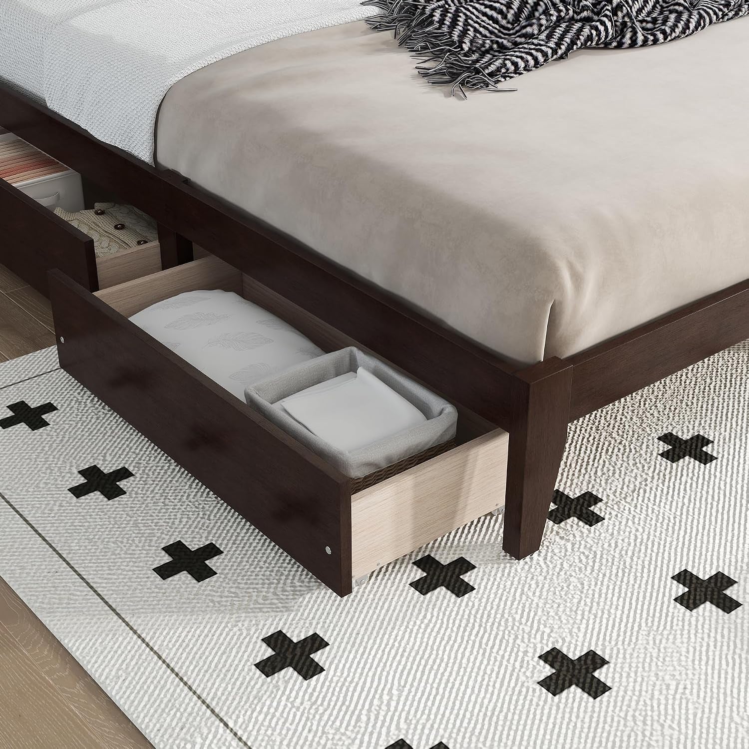 King Size Wood Platform Bed Frame with Rattan Headboard, 2 Storage Drawers, Modern Style Bed with Solid Wooden Slats, Easy Assembly, No Box Spring Required, for Bedroom, Guest Room, Espresso