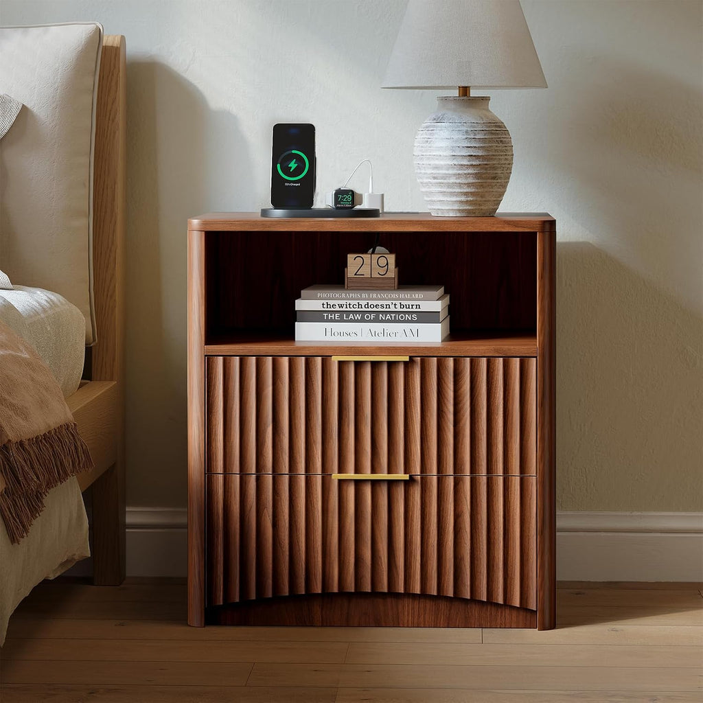 Fluted Nightstand with Charging Station and 2 Drawers, Walnut | Mid Century Modern End Table with Drawer and Storage, Large Wood Night Stand for Bedroom, Living Room, Apartment