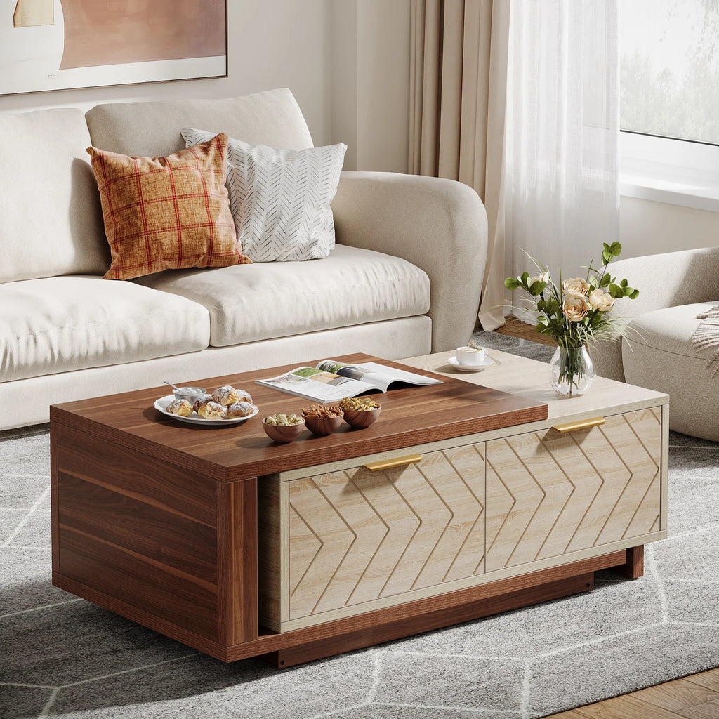 Extendable wood coffee table with storage drawers