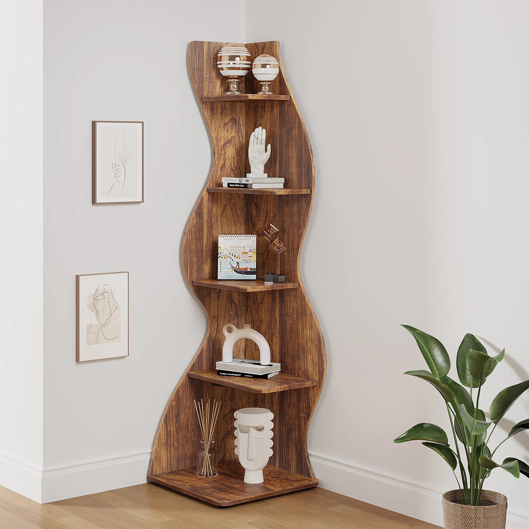 Corner Shelf, Rustic 5-Tier Wall Corner Bookshelf, Stylish Corner Small Bookcase Storage Rack Plant Stand with Unique