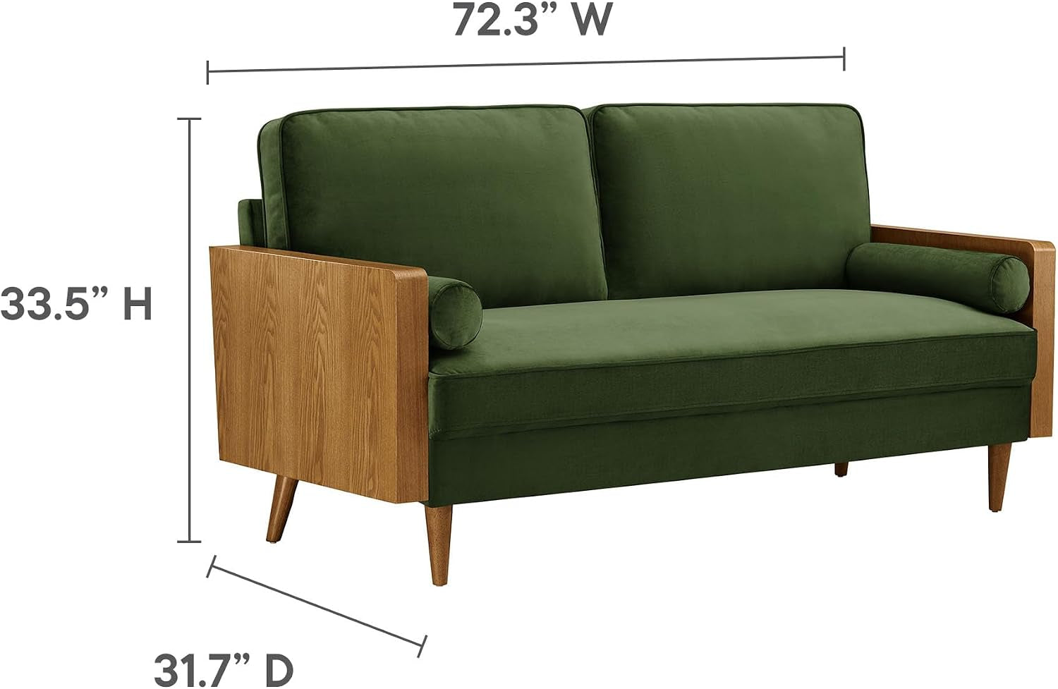 Kellan 72 Inch Velvet Sofa in Walnut Moss Green